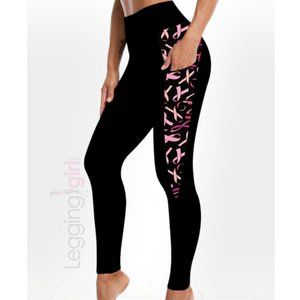 Solid Black with Pink Ribbons Pockets - Wide Band ButterSoft Leggings Plus Size